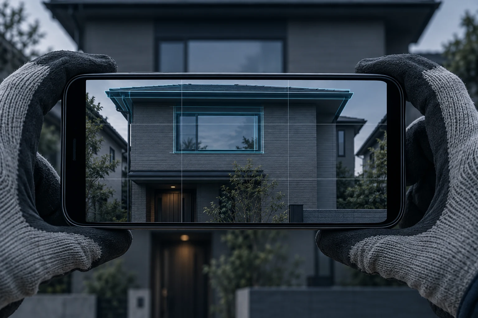 スマートフォンのカメラ映像に以前の建物写真を半透明で重ね、構図を合わせる解説用イメージ