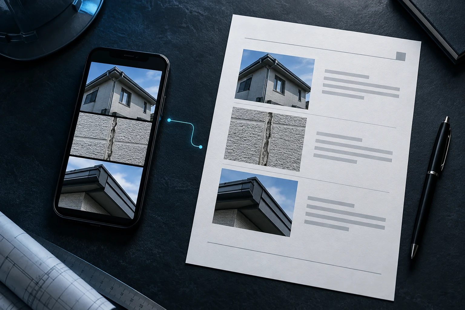 スマートフォンの現場写真と、写真・説明を3段に並べたA4報告書の解説用イメージ